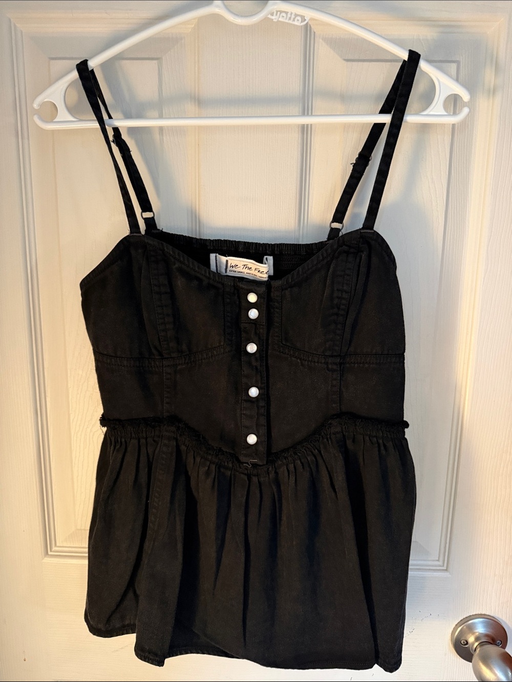 We The Free Black Button-Front Spaghetti Strap Baby Doll Top